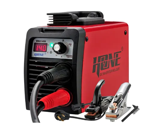 HONE MMA140D portable inverter welder with cables and clamps attached, displaying ‘140’ on the digital panel