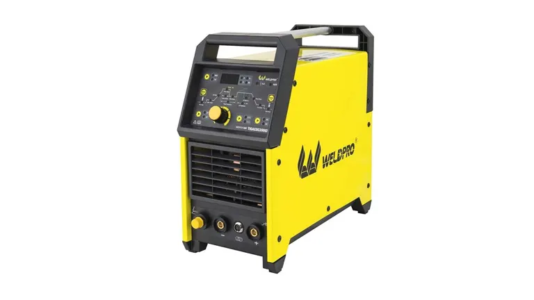 a yellow Weldpro Digital TIG 200GD welder machine with a control panel and logo