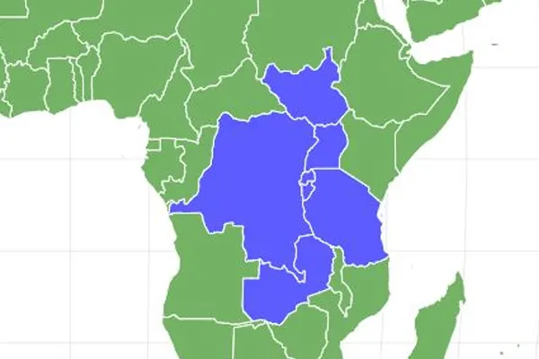 Map of Africa with the range of the Shoebill highlighted in blue