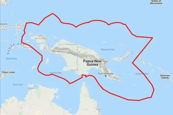 Satellite map of Papua New Guinea outlined in red