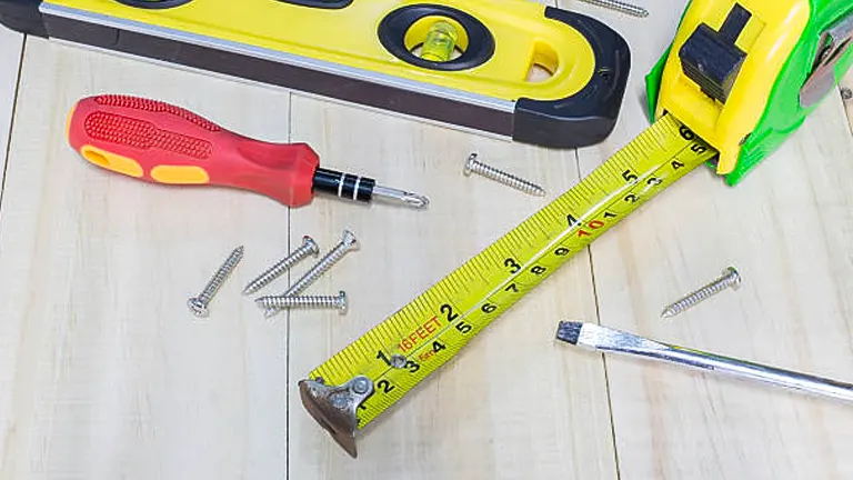 Tools for garden work laid out on a wooden surface, including a tape measure, screwdriver, and screws.