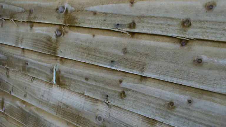 Close-up of a wooden wall constructed from horizontal pine boards, showing natural wood grain and nails.

