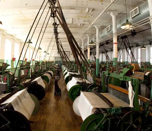 interior of a cotton mill, illuminated by natural light from windows