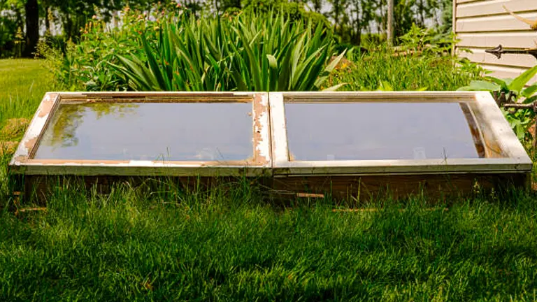 Two large cold frames with glass lids lying flat on a grassy area next to a house, under bright sunlight.