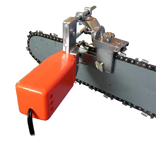 Granberg Chainsaw Sharpener attached to a chainsaw blade