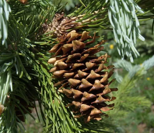 close-up view of a brown pine cone surrounded by vibrant green pine needles in the lush environment of Medicine Bow–Routt National Forest