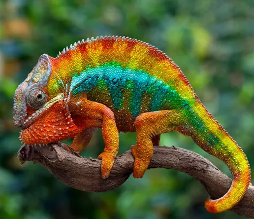 a vibrant Panther Chameleon with an array of red, green, blue, and yellow scales, perched on a brown tree branch