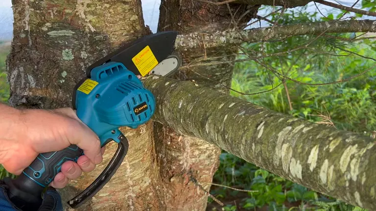 an individual using a blue and black electric chainsaw to cut a branch off a tree