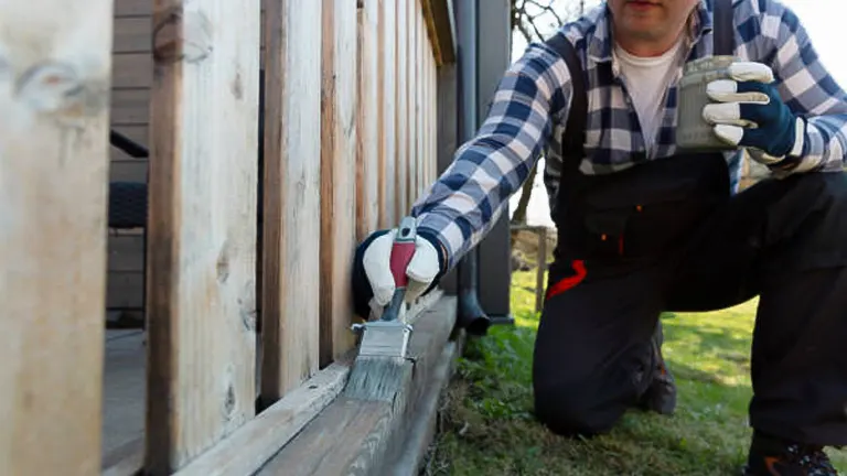 A person in work gloves and knee pads painting the wooden base of a building with a brush, outdoors.
