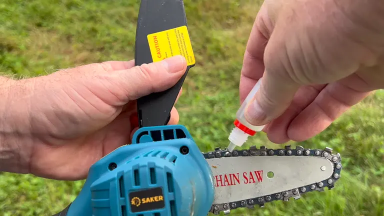 a close-up of hands performing maintenance on a chainsaw