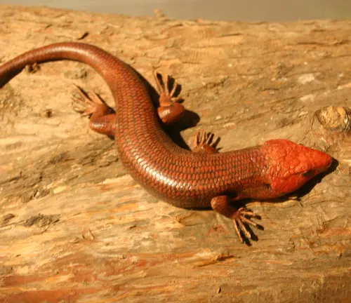 Broad-headed Skink, a type of lizard, with a bright orange head contrasting with its darker body