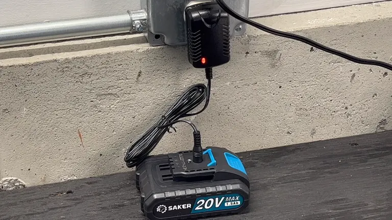 A black cord connects the charger to the battery