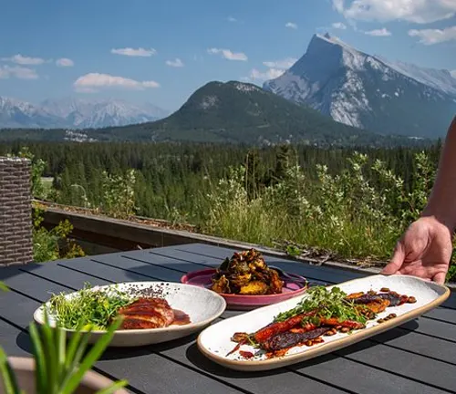Gourmet dishes served on a patio with a mountain view