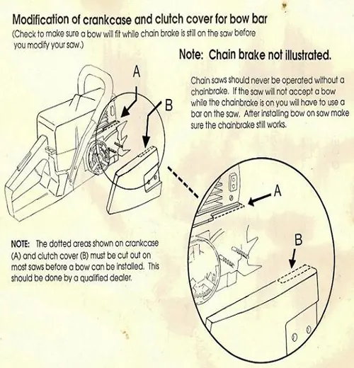bow saw chainsaw manual, showing the modification process of a chainsaw’s crankcase and clutch cover to fit a bow bar