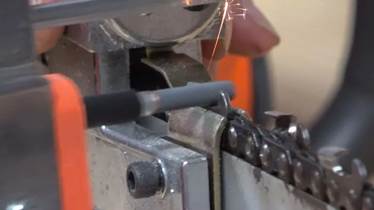 Close-up of a Granberg Chainsaw Sharpener in action, sharpening a chainsaw’s teeth with sparks flying
