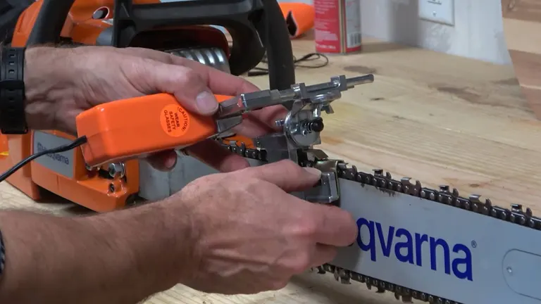 Person using a Granberg Chainsaw Sharpener on a Husqvarna chainsaw placed on a wooden surface
