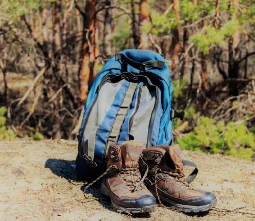 Blue and grey backpack and brown hiking boots on the ground in a forest