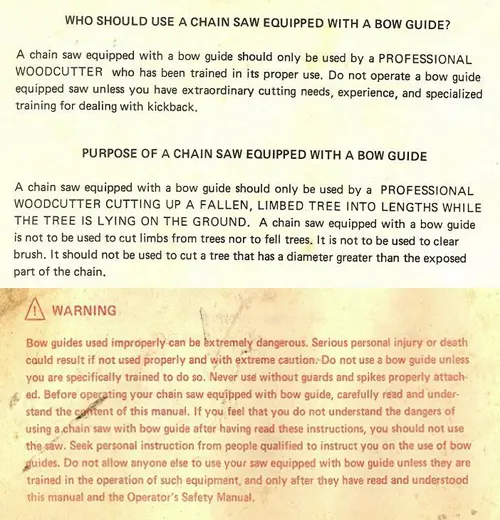 bow saw chainsaw manual, providing detailed safety instructions on preventing kickback when using a chainsaw
