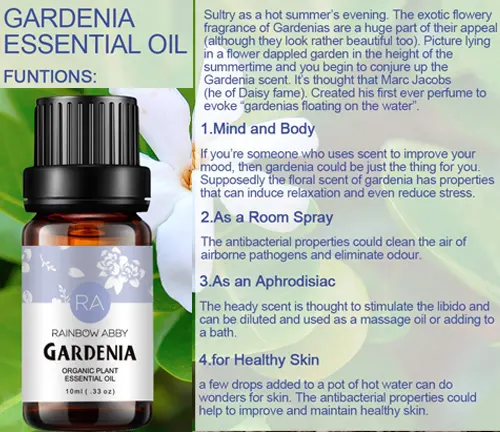 Bottle of Gardenia Essential Oil by RAINBOW ABBY, highlighting its various health benefits