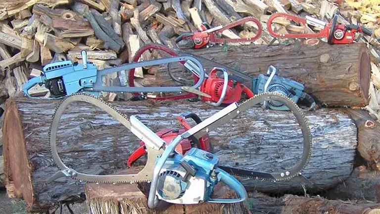 collection of four bow saws and two chainsaws, each with a distinct color, placed on large, freshly cut wooden logs