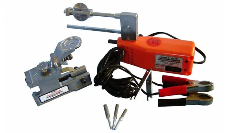 Granberg Chainsaw Sharpener with accessories, including sharpening bits and a guide bar mount