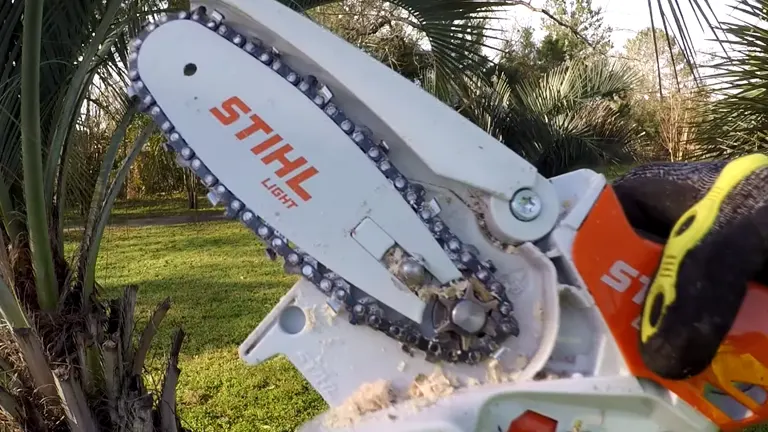 Close-up of a STIHL GTA 26 mini chainsaw being used outdoors