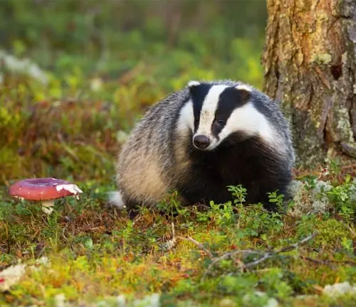 European Badger in a forest setting with a mushroom nearby