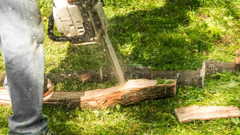 person using a chainsaw to cut through a log