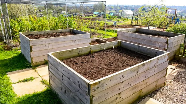two rectangular wooden planter boxes filled with dark brown soil