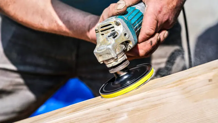 Close-up of a man using a sander on a wooden surface to smooth it out.