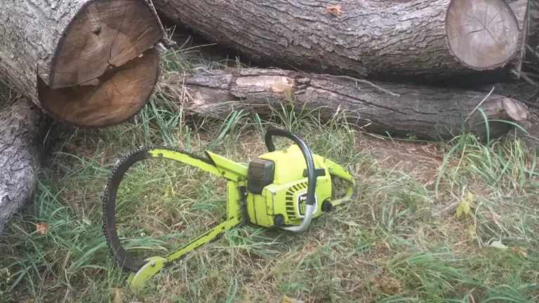 bright yellow bow saw chainsaw placed on the grass, with several large, freshly cut logs in the background