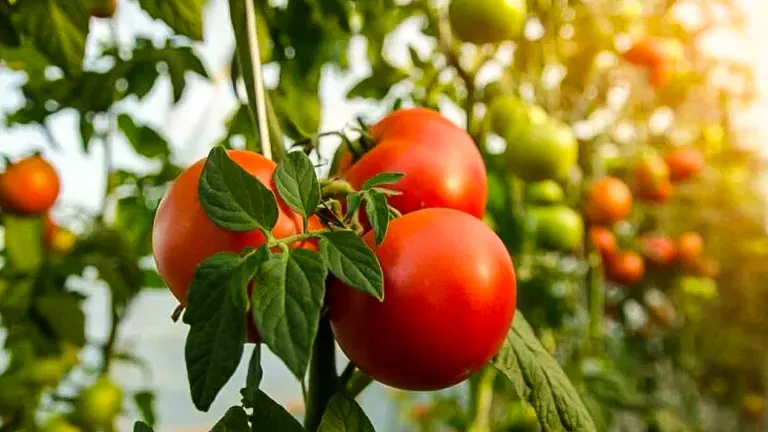 ripe, red tomatoes hanging from a vine surrounded by green leaves