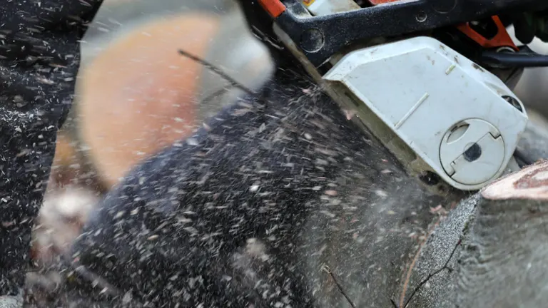 chainsaw in action, cutting through a piece of wood