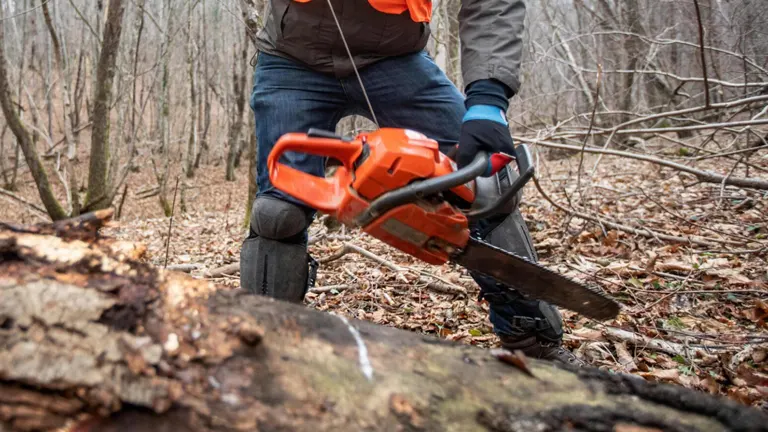 red and black chainsaw to cut through a large fallen tree trunk in a forest