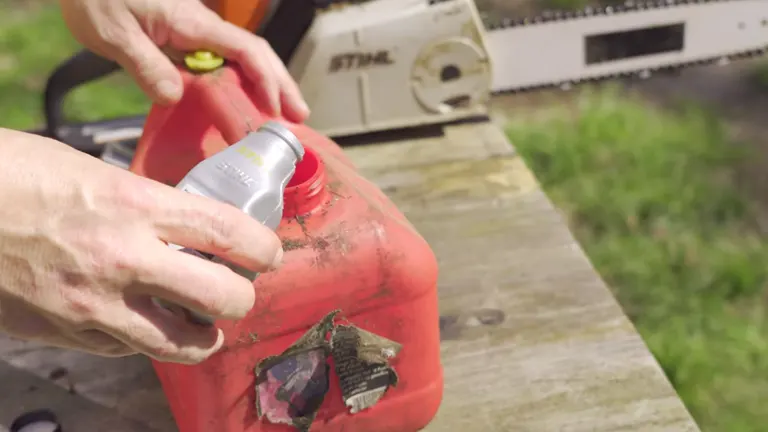Person mixing fuel in a red container with a STIHL chainsaw in the background