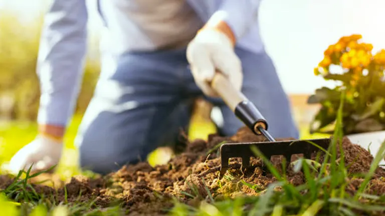 Person tending to soil in a raised bed garden with a rake
