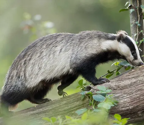 European Badger walking on a log in a green forest