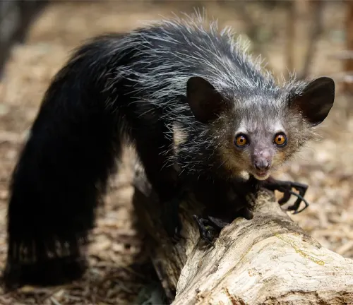 Aye-Aye lemur with dark fur and large eyes on a log
