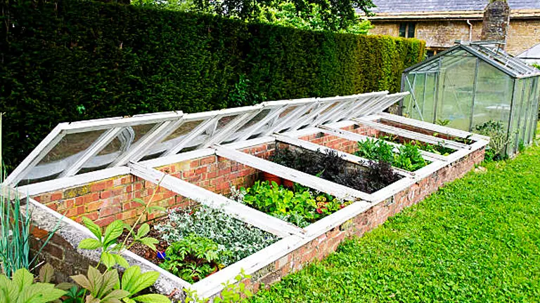 Raised garden beds with a clear plastic cover supported by a wooden frame, set against a brick wall and lush hedge.