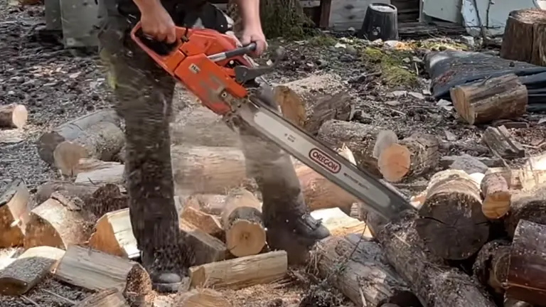 Person cutting log using chainsaw