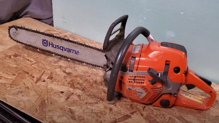 Husqvarna 562 XP chainsaw placed on an OSB (oriented strand board) surface
