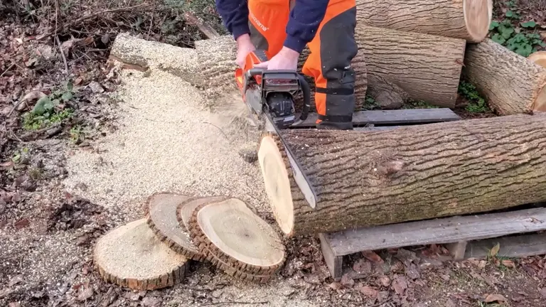 person is cutting through a large log with a Husqvarna 562 XP chainsaw