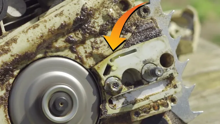 Close-up of a dirty chainsaw bar and sprocket, highlighted by an orange arrow
