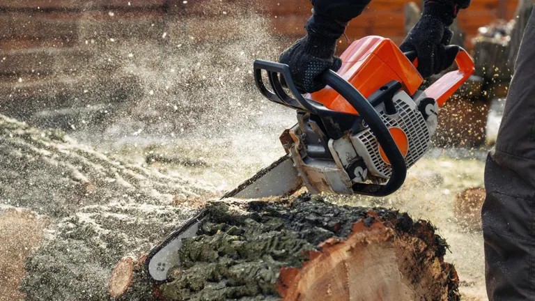 Person using a chainsaw to cut through a large piece of wood, with sawdust flying around