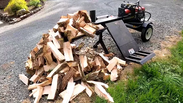 Rugged Made 37-Ton Wood Splitter in action outdoors, surrounded by a pile of freshly split wood