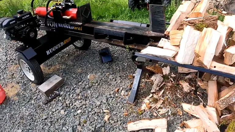 Rugged Made 37-Ton Wood Splitter in action outdoors, actively splitting wood