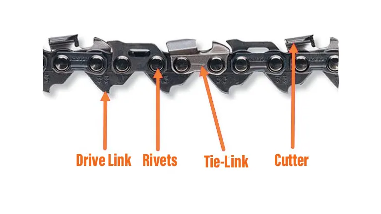 diagram showing the key components of a chainsaw chain, including the Drive Link, Rivets, Tie-Link, and Cutter. The Drive Link fits into the guide bar, the Rivets connect the links, the Tie-Link connects the Drive Link and Cutter, and the Cutter is the sharp tooth used for cutting wood