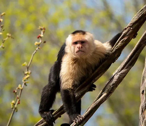 Capuchin monkey with black and cream-colored fur, perched on a tree branch in a green, natural habitat