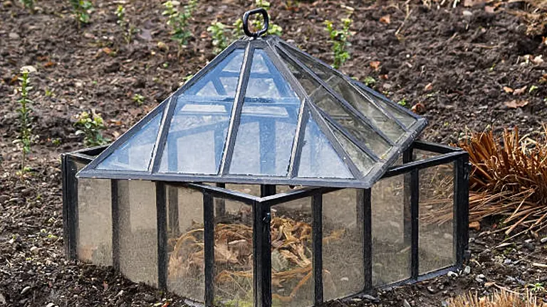 A small, octagonal glass greenhouse in a garden, housing young plants on a cloudy day.