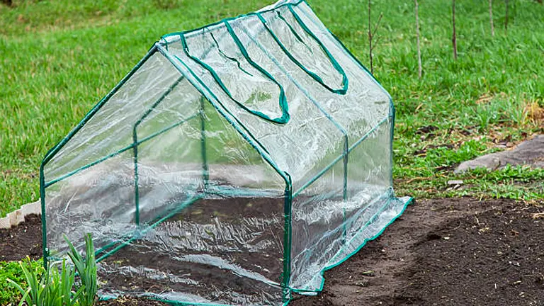 Portable, small greenhouse made of clear plastic with a peaked roof design, set up over a garden bed.